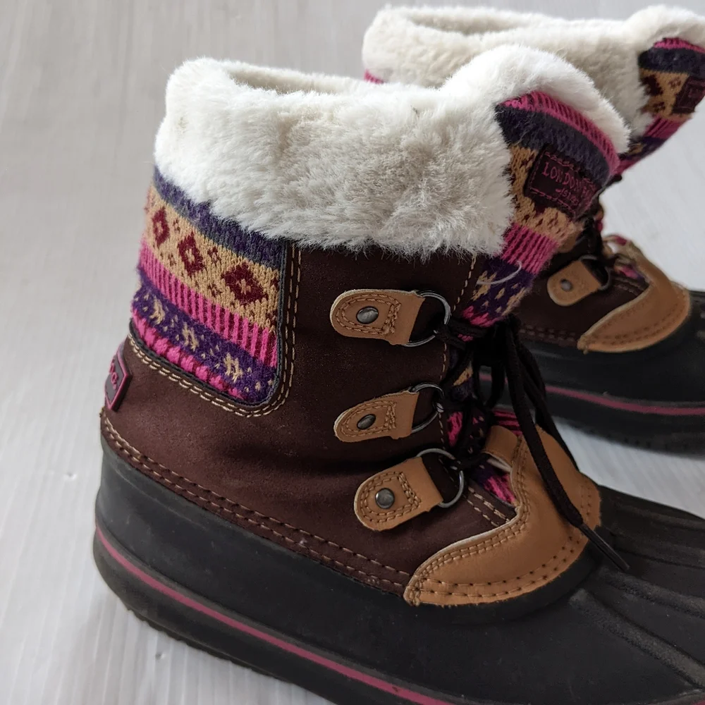 LONDON FOG Tottenham fair isle sweater knit brown suede fur lined lace-up boots